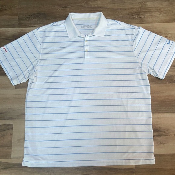 Nike Polo Shirt Mens XXL Standard Fit Dri-FIT Blue Striped Golf JANUS embroidery - Picture 1 of 9